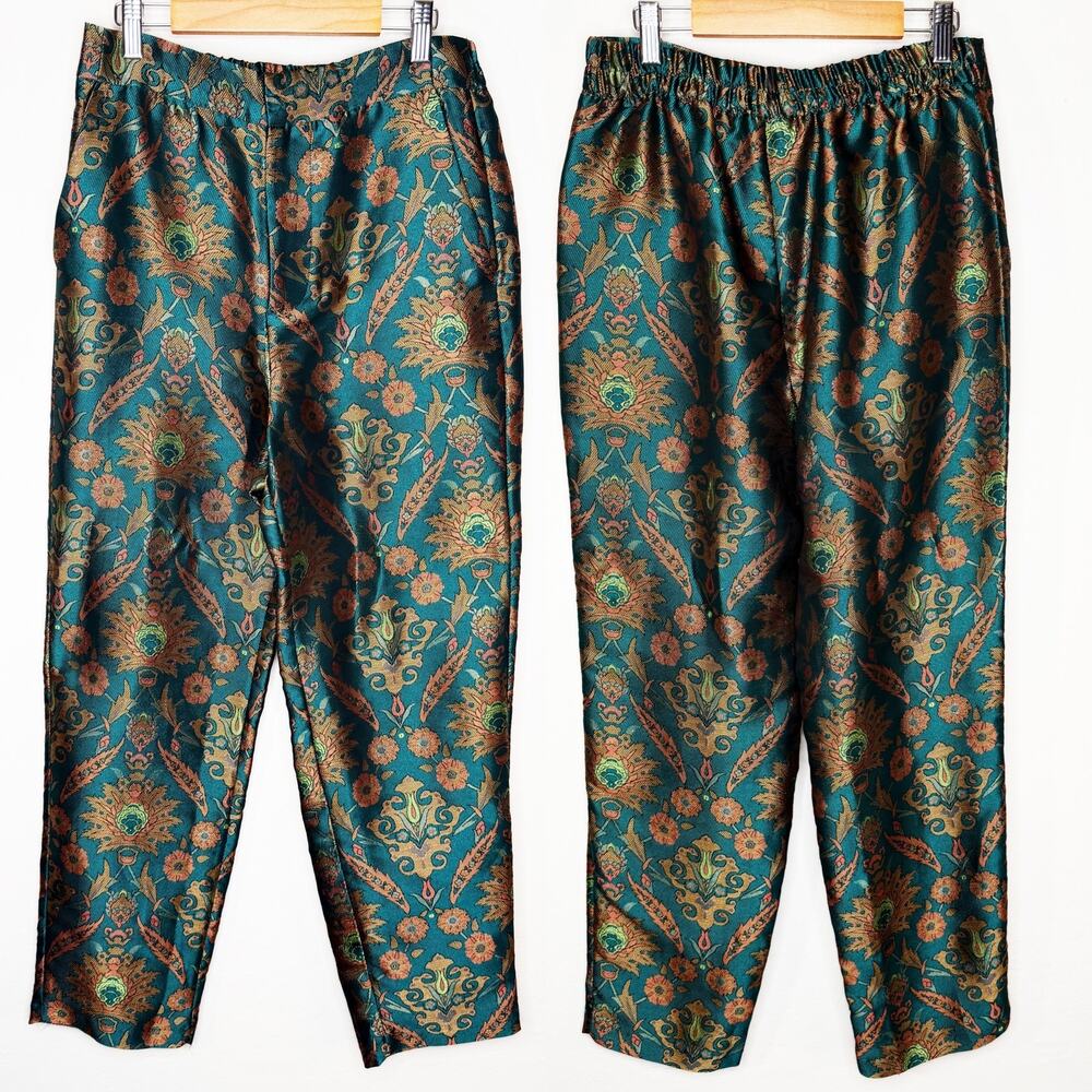 Anthropologie Maeve Melyssa Jacquard Jade Gold Metallic Paisley Trouser Pants XS - Picture 2 of 16